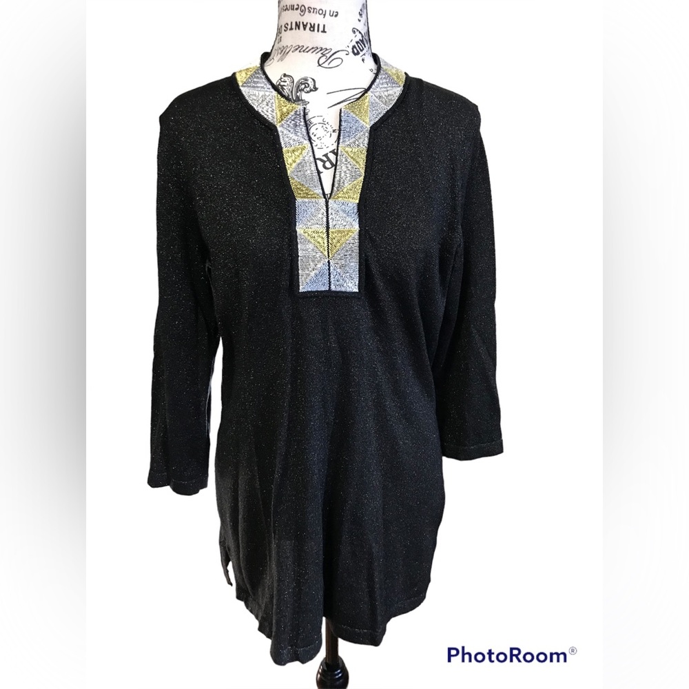 J. Mclaughlin Black Gold Cotton Metallic Blend 3/4 Sleeve Tunic Top Sz. L